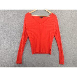 BCBGMaxazria Sweater Silk Blend Large Red Cropped Ribbed Long Sleeve